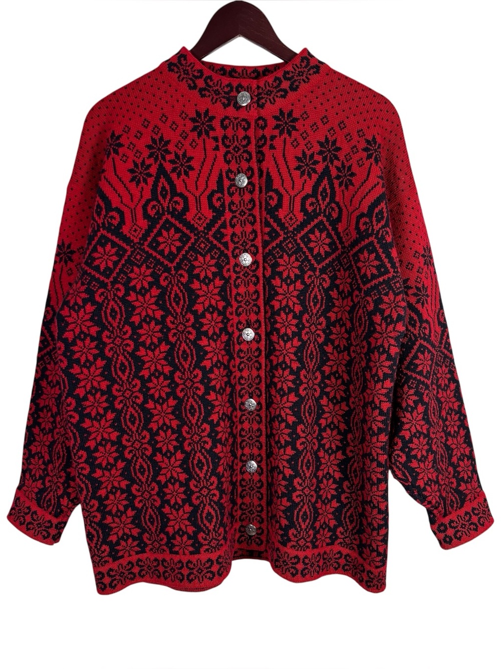 Dale of Norway VTG Cardigan Sweater Size XXL Fair Isle Pure Wool Red & Black